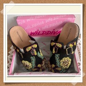 Wild Diva Black Mules with Colorful Beading